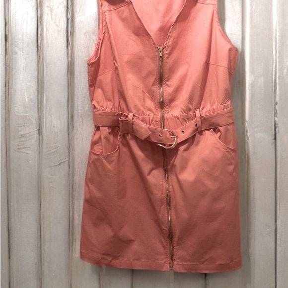 NWT Womens Summer Mini Dress Zip Up V Neck Collared Belted Sleeveless Dress L - Picture 1 of 7